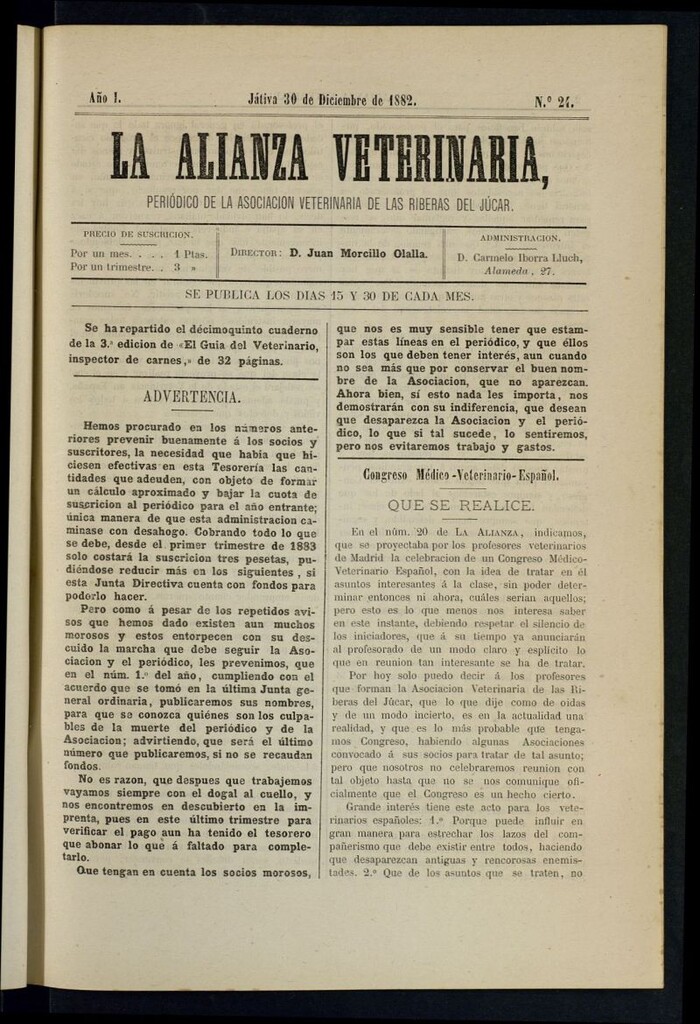 Miniatura de La alianza veterinaria, periódico de la Asociación veterinaria de las riberas del Júcar del 30 de diciembre de 1882