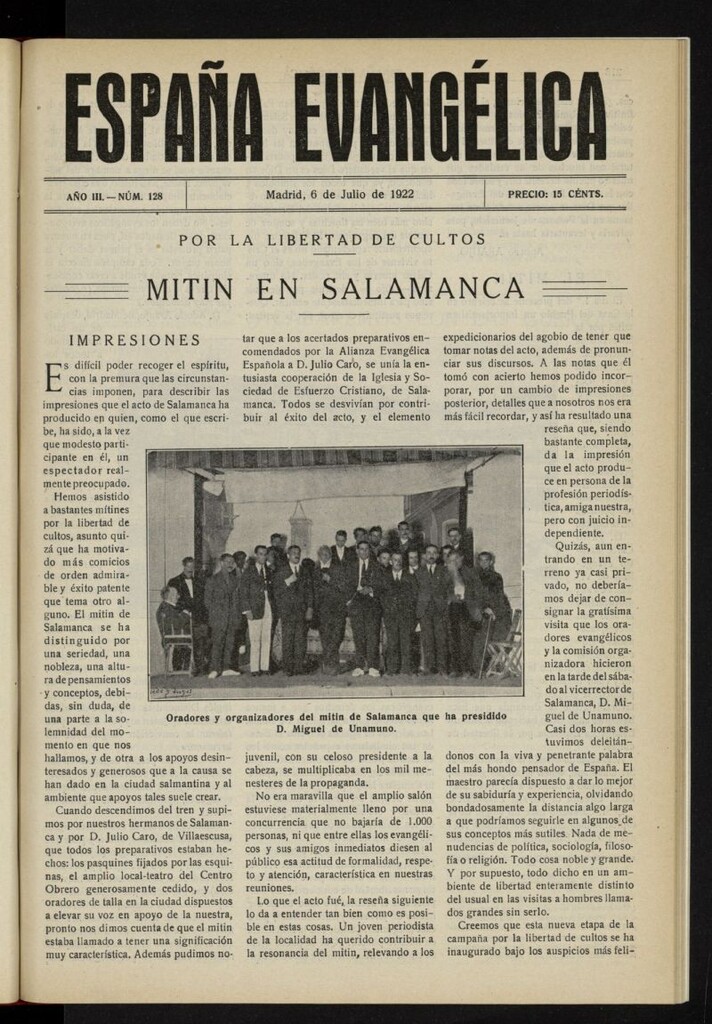 Miniatura de España Evangélica del 6 de julio de 1922, nº 128