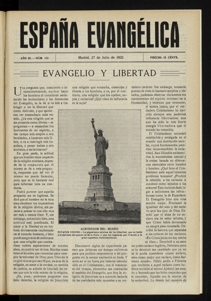 Miniatura de España Evangélica del 27 de julio de 1922, nº 131