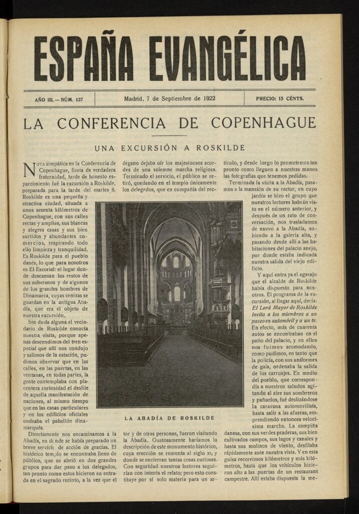 Miniatura de España Evangélica del 7 de septiembre de 1922, nº 137