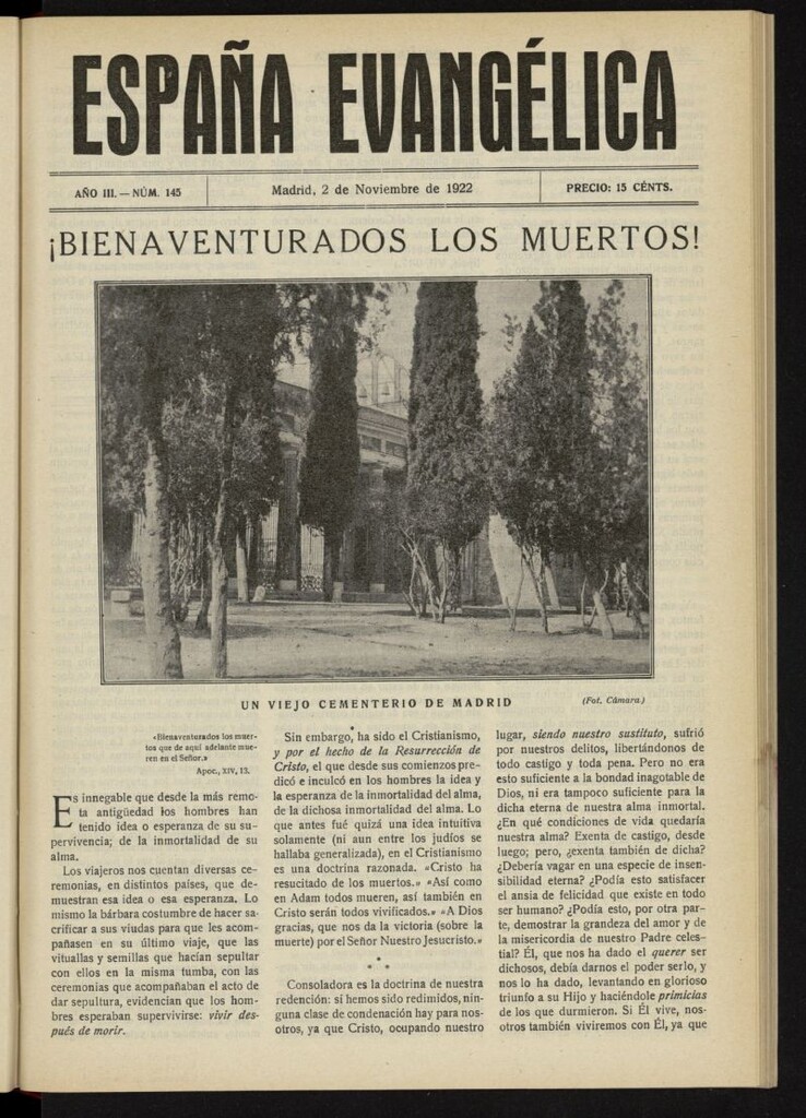 Miniatura de España Evangélica del 2 de noviembre de 1922, nº 145