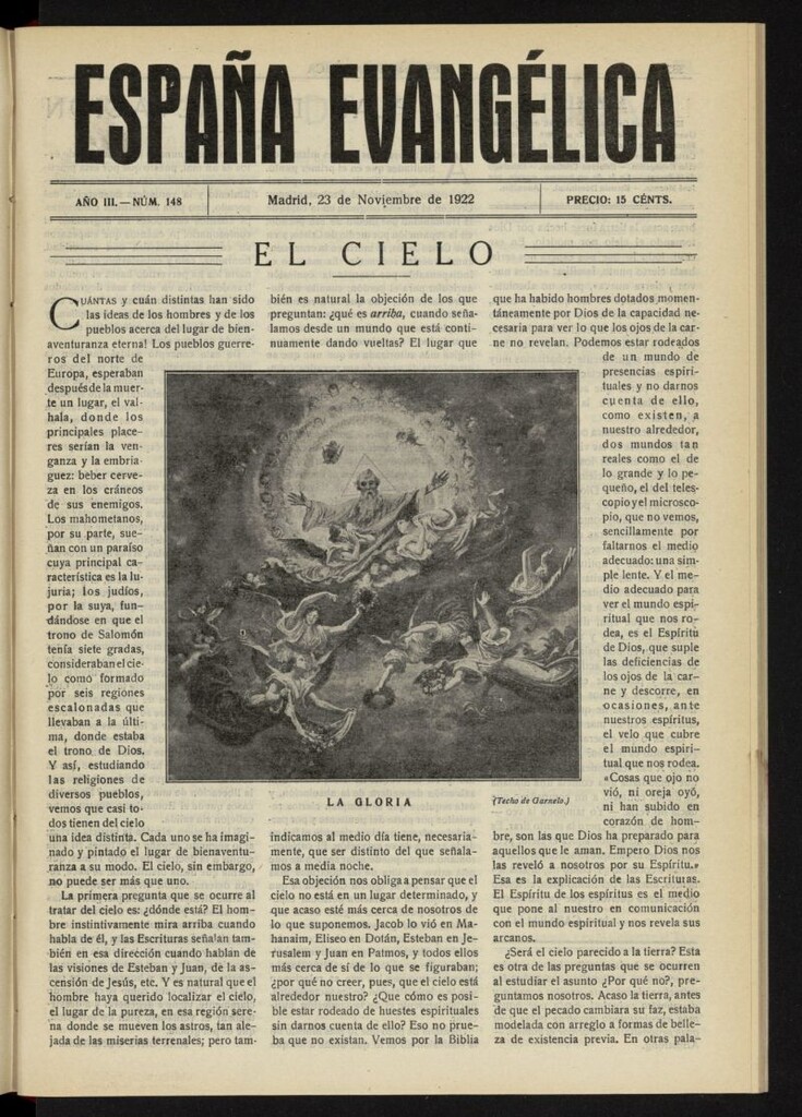 Miniatura de España Evangélica del 23 de noviembre de 1922, nº 148