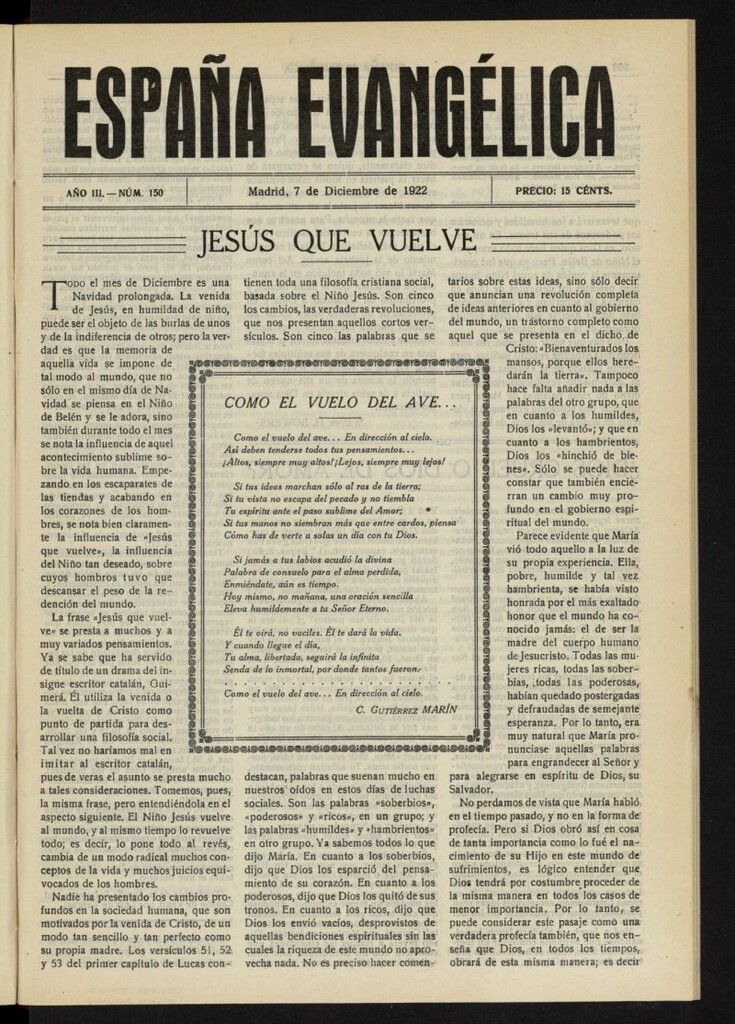 Miniatura de España Evangélica del 7 de diciembre de 1922, nº 150