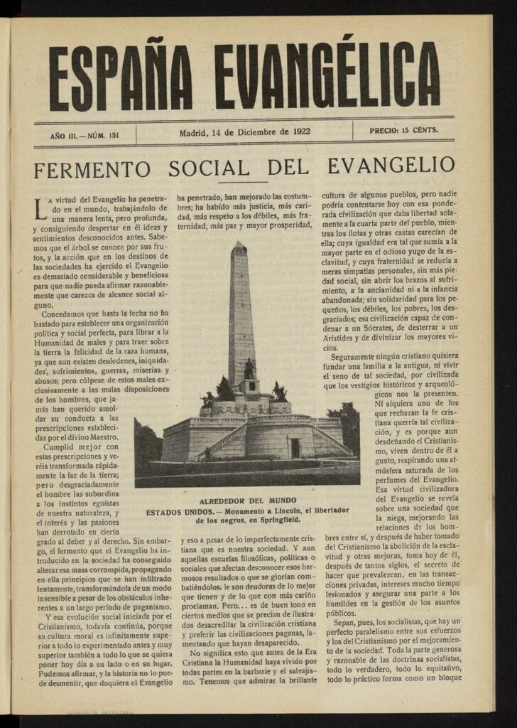 Miniatura de España Evangélica del 14 de diciembre de 1922, nº 151