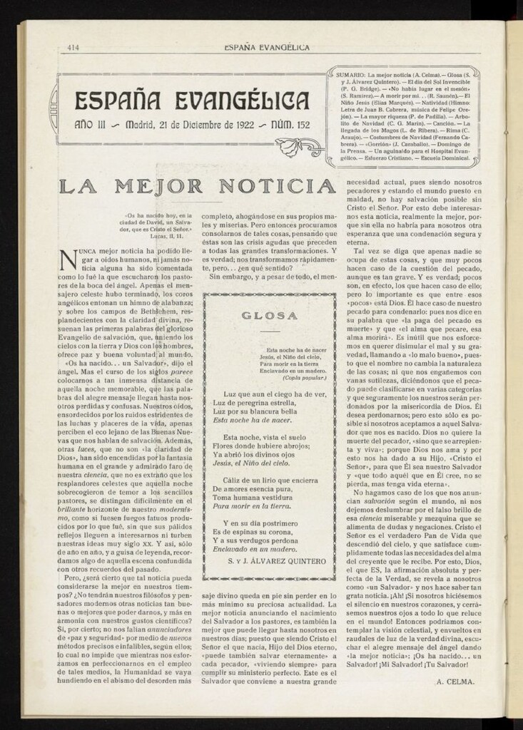 Miniatura de España Evangélica del 21 de diciembre de 1922, nº 152