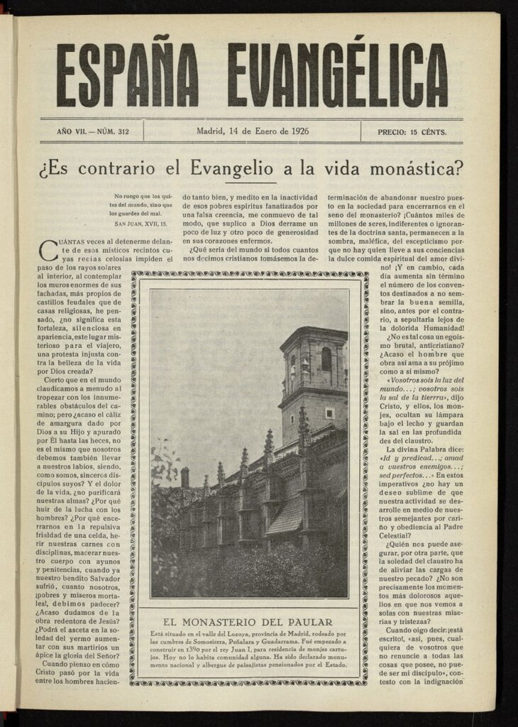 Miniatura de España Evangélica del 14 de enero de 1926, nº 312