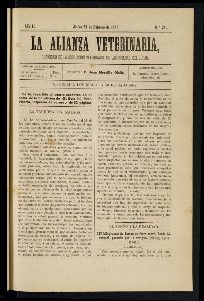 Miniatura de La alianza veterinaria, periódico de la Asociación veterinaria de las riberas del Júcar del 28 de febrero de 1883