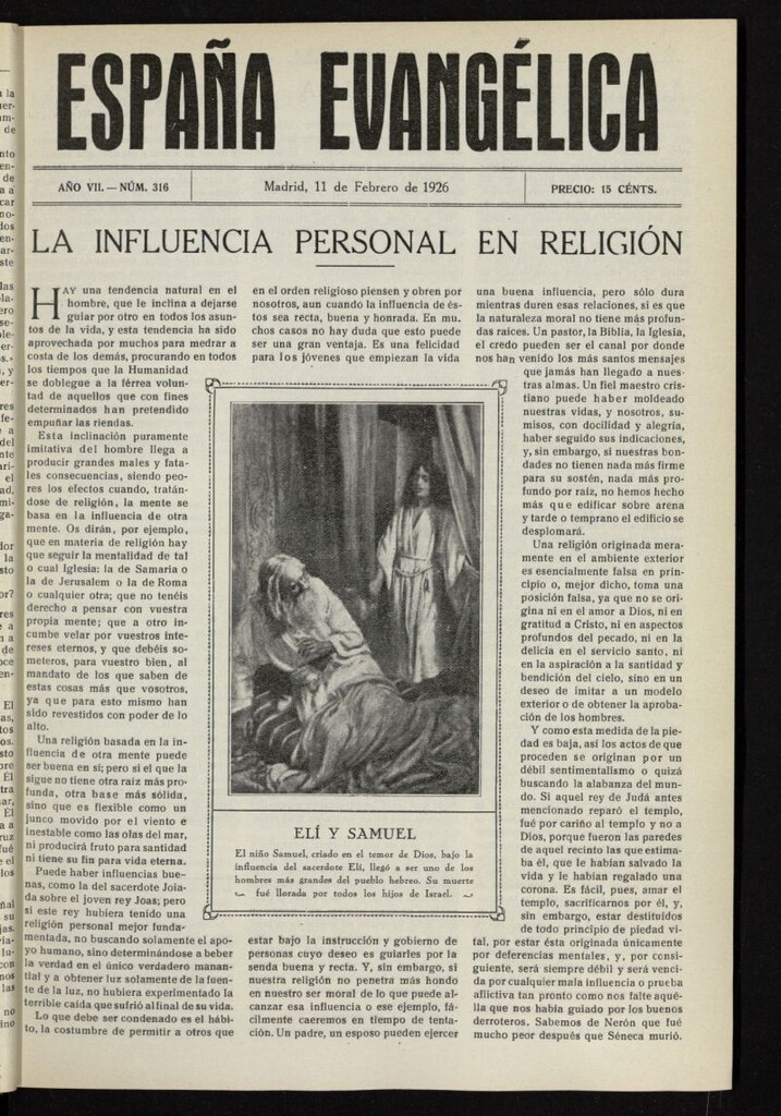 Miniatura de España Evangélica del 11 de febrero de 1926, nº 316