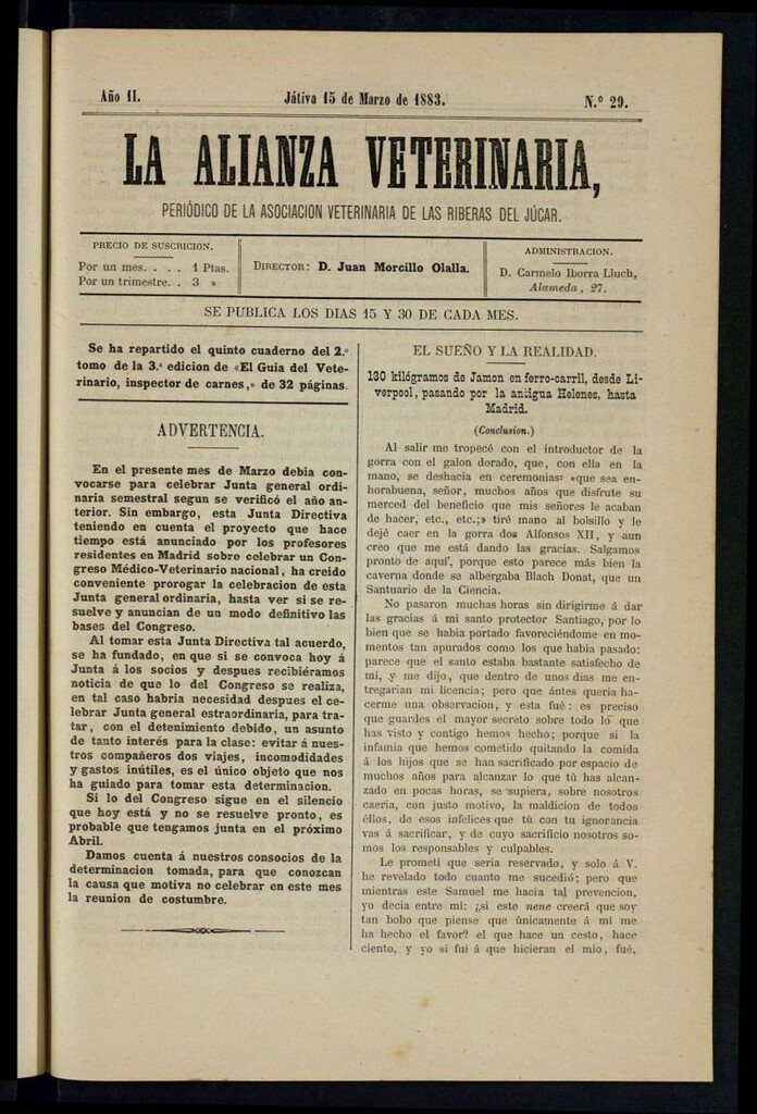 Miniatura de La alianza veterinaria, periódico de la Asociación veterinaria de las riberas del Júcar del 15 de marzo de 1883