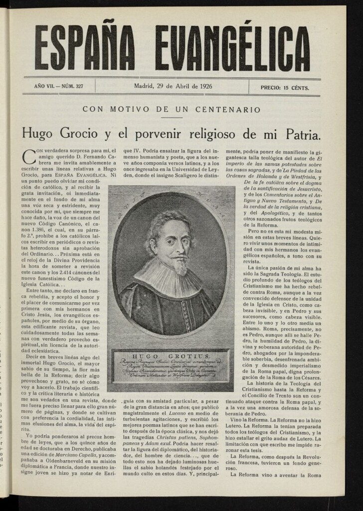 Miniatura de España Evangélica del 29 de abril de 1926, nº 327
