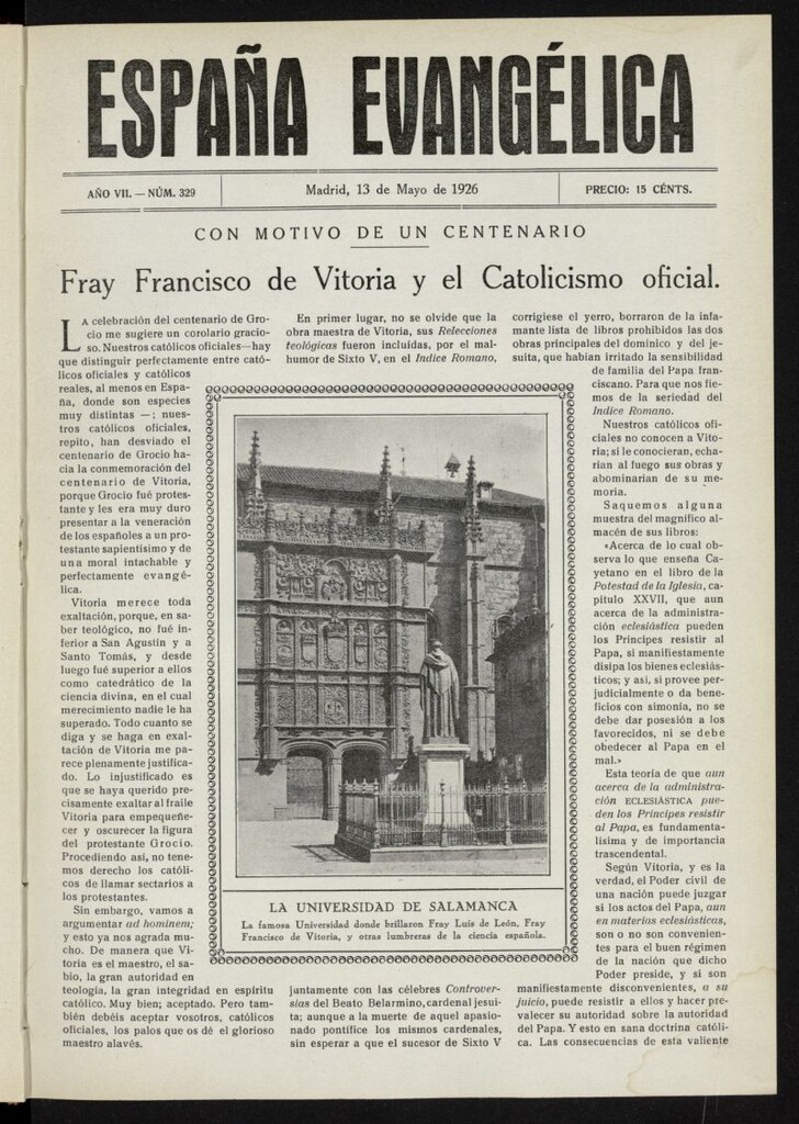 Miniatura de España Evangélica del 13 de mayo de 1926, nº 329