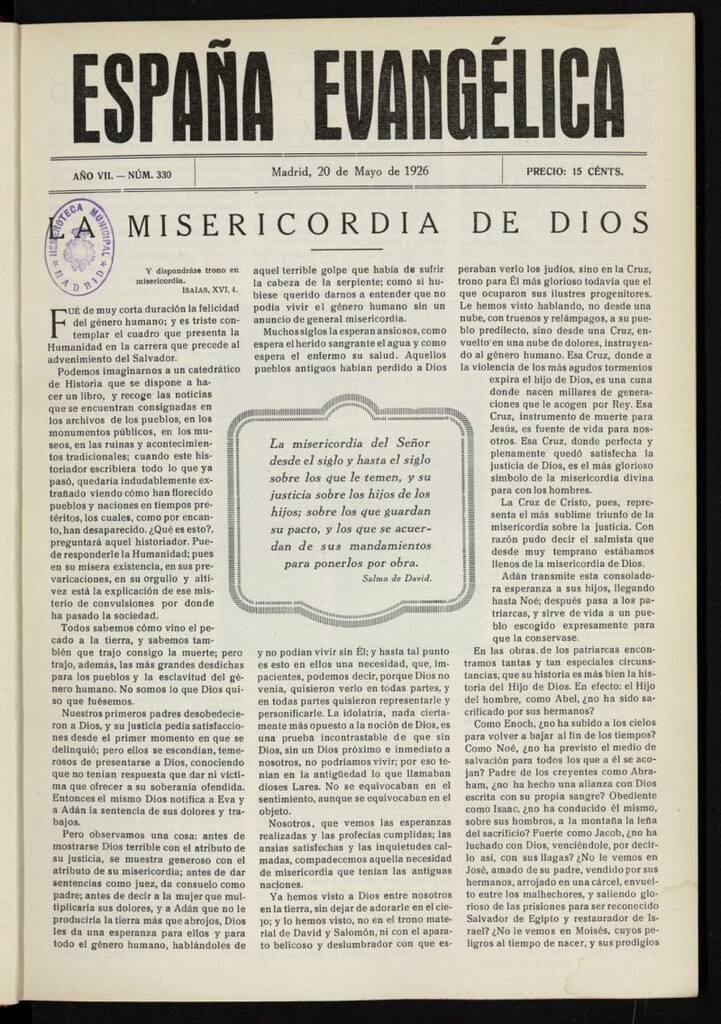 Miniatura de España Evangélica del 20 de mayo de 1926, nº 330