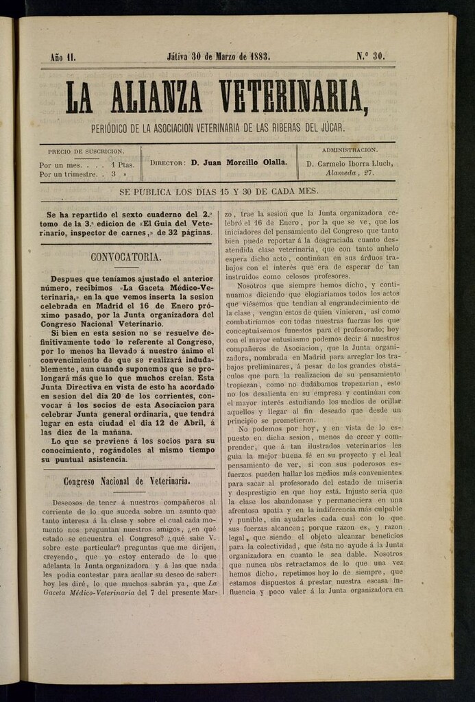 Miniatura de La alianza veterinaria, periódico de la Asociación veterinaria de las riberas del Júcar del 30 de marzo de 1883