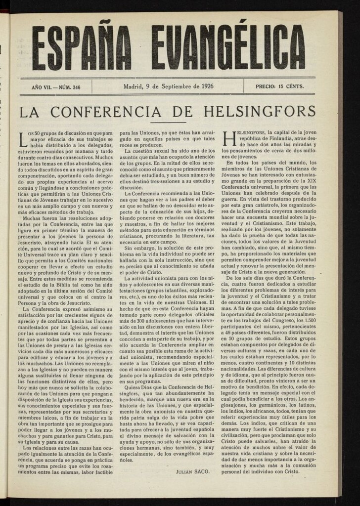 Miniatura de España Evangélica del 9 de septiembre de 1926, nº 346