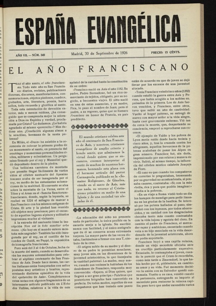 Miniatura de España Evangélica del 30 de septiembre de 1926, nº 349