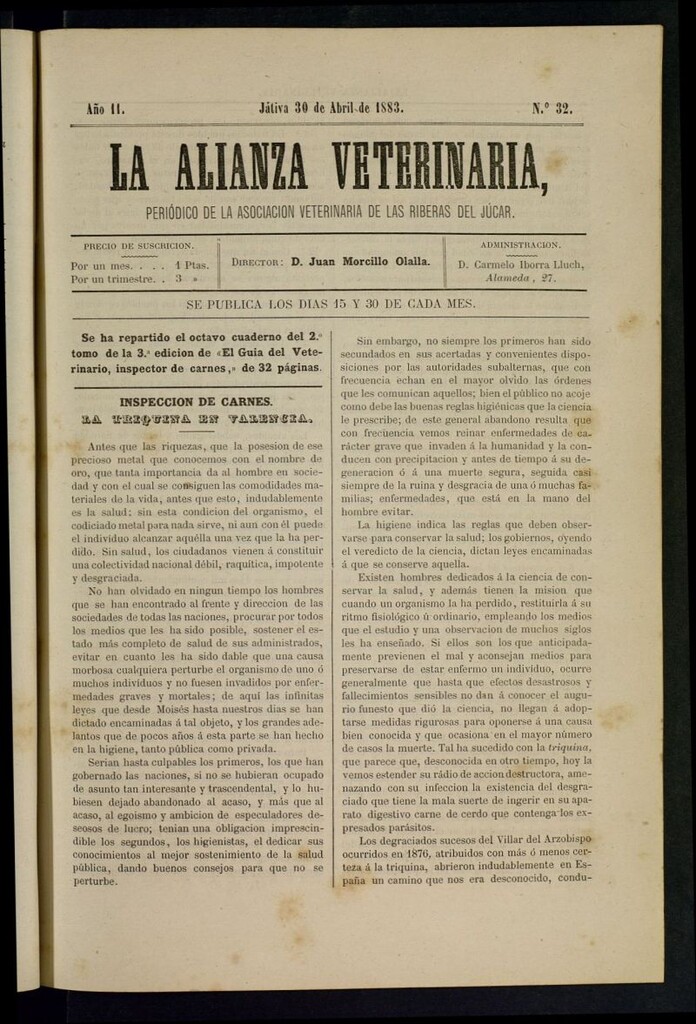 Miniatura de La alianza veterinaria, periódico de la Asociación veterinaria de las riberas del Júcar del 30 de abril de 1883