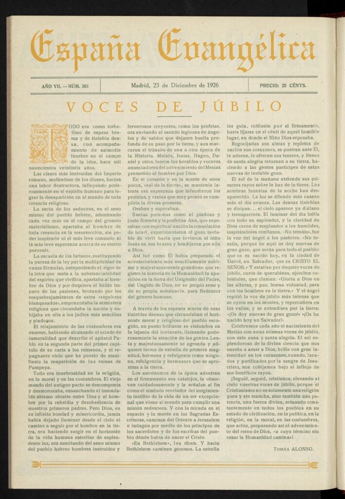 Miniatura de España Evangélica del 23 de diciembre de 1926, nº 361
