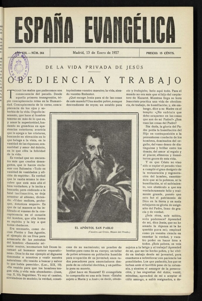 Miniatura de España Evangélica del 13 de enero de 1927, nº 364