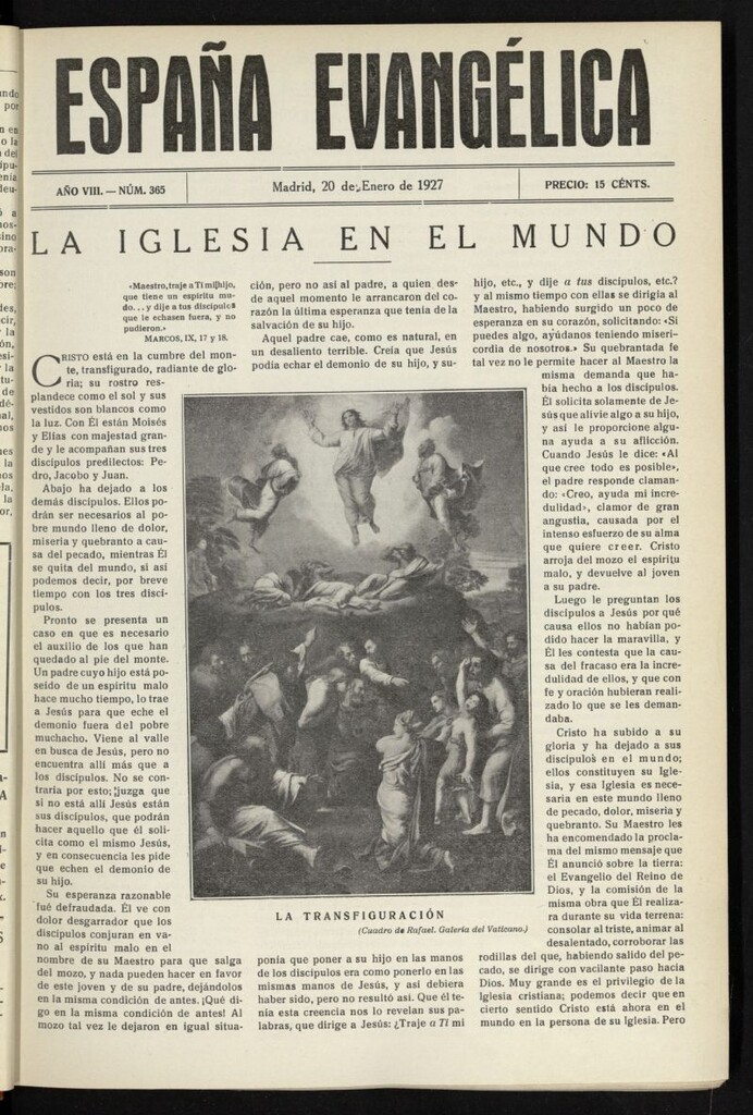 Miniatura de España Evangélica del 20 de enero de 1927, nº 365