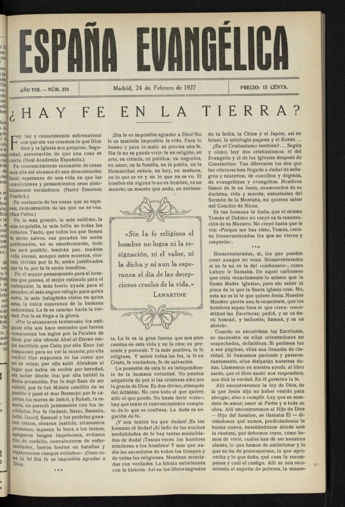 Miniatura de España Evangélica del 24 de febrero de 1927, nº 370
