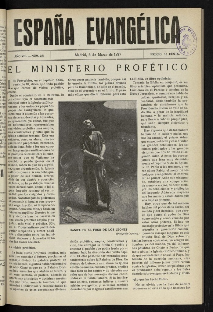 Miniatura de España Evangélica del 3 de marzo de 1927, nº 371