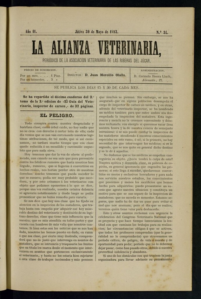 Miniatura de La alianza veterinaria, periódico de la Asociación veterinaria de las riberas del Júcar del 30 de mayo de 1883