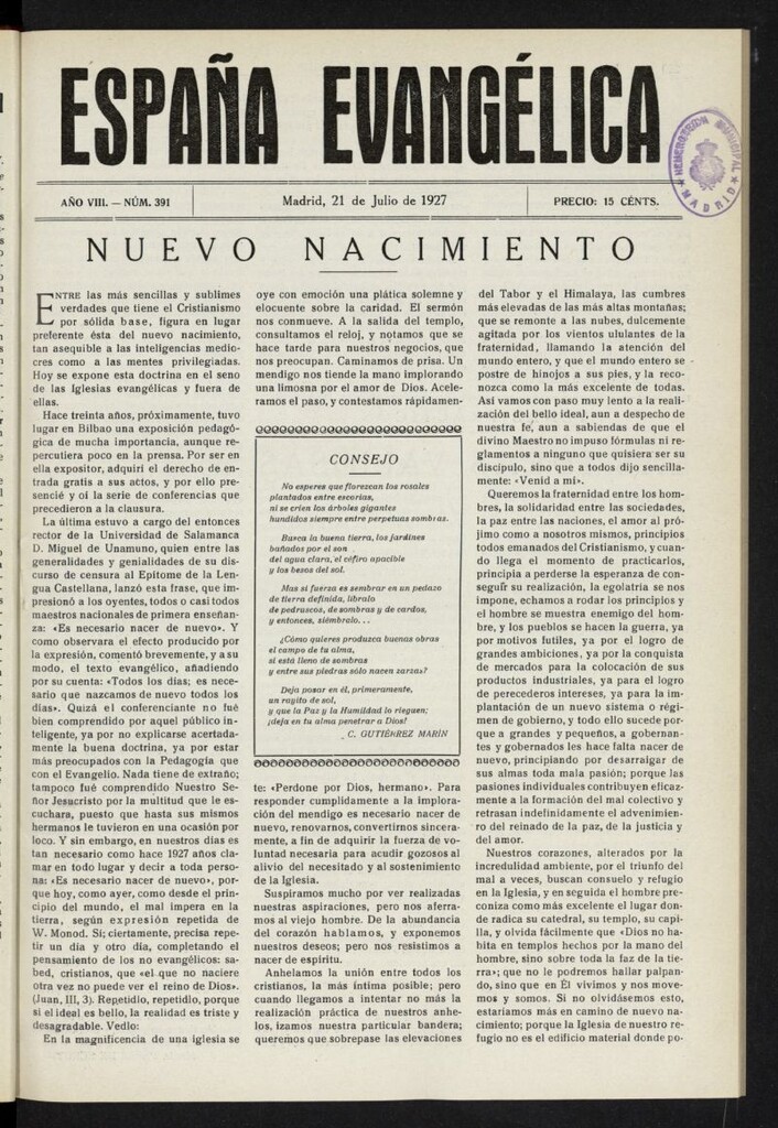 Miniatura de España Evangélica del 21 de julio de 1927, nº 391