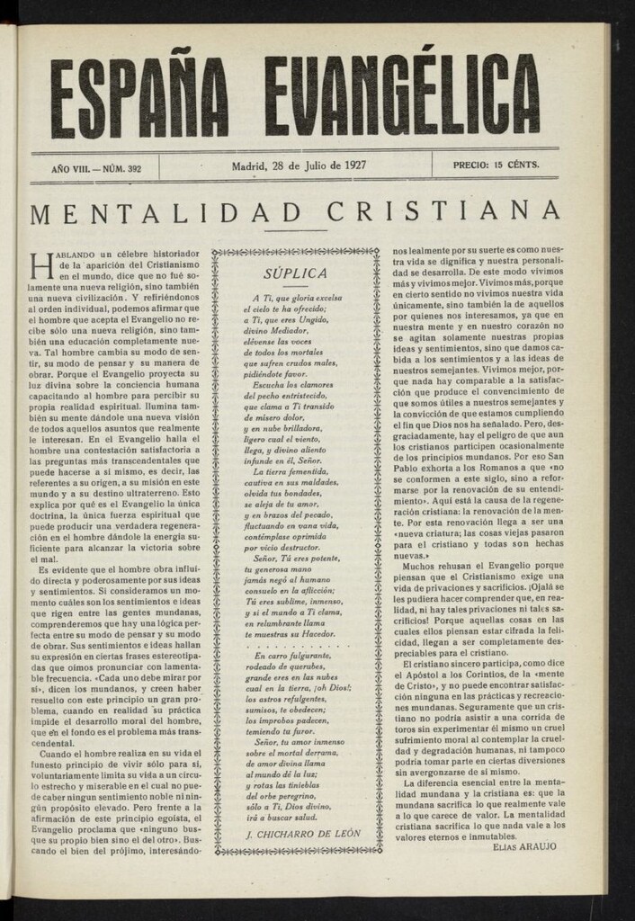 Miniatura de España Evangélica del 28 de julio de 1927, nº 392