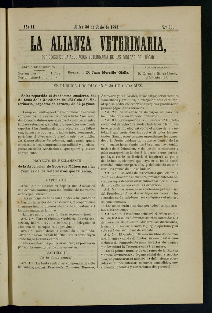 Miniatura de La alianza veterinaria, periódico de la Asociación veterinaria de las riberas del Júcar del 30 de junio de 1883