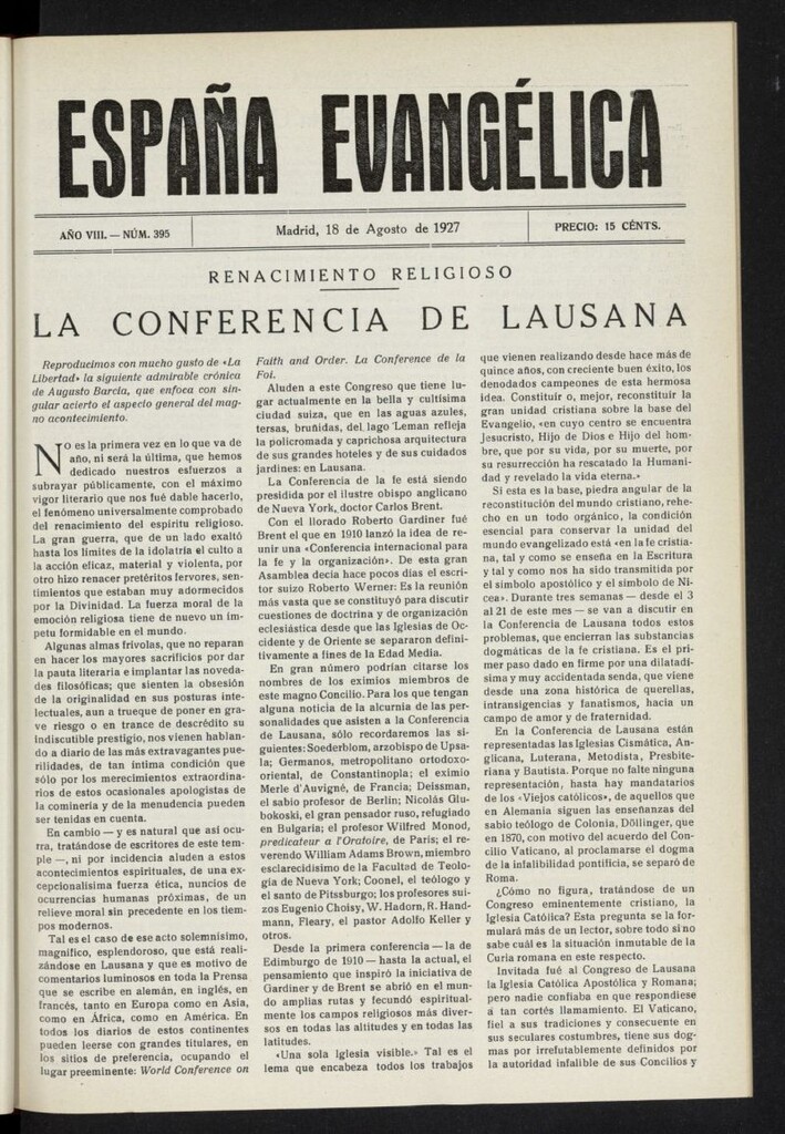 Miniatura de España Evangélica del 18 de agosto de 1927, nº 395