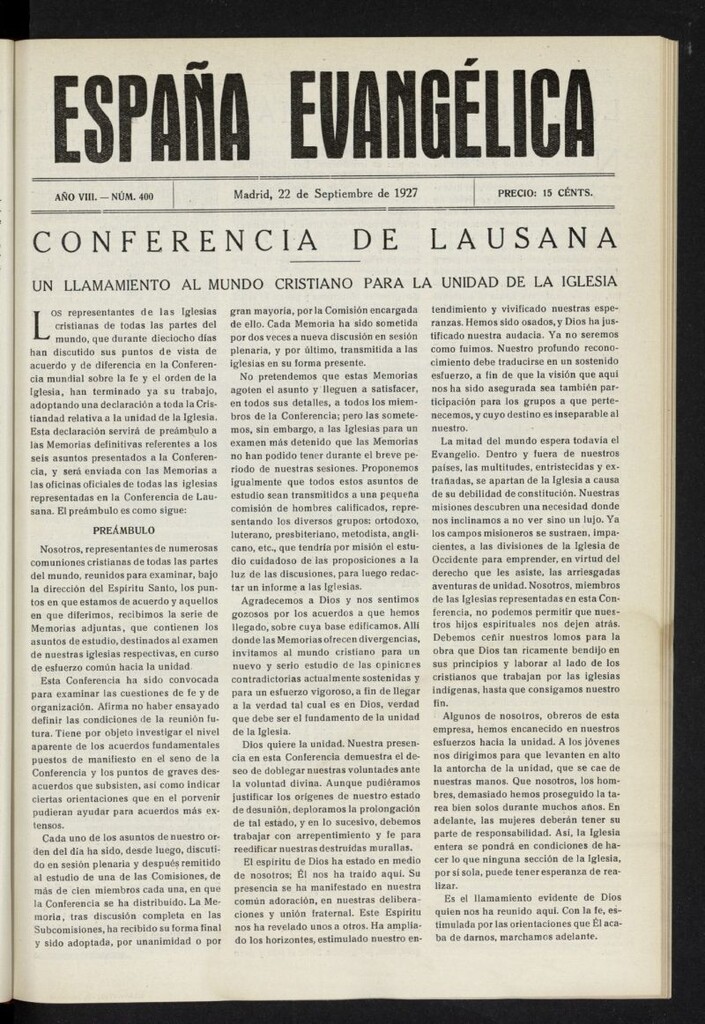 Miniatura de España Evangélica del 22 de septiembre de 1927, nº 400