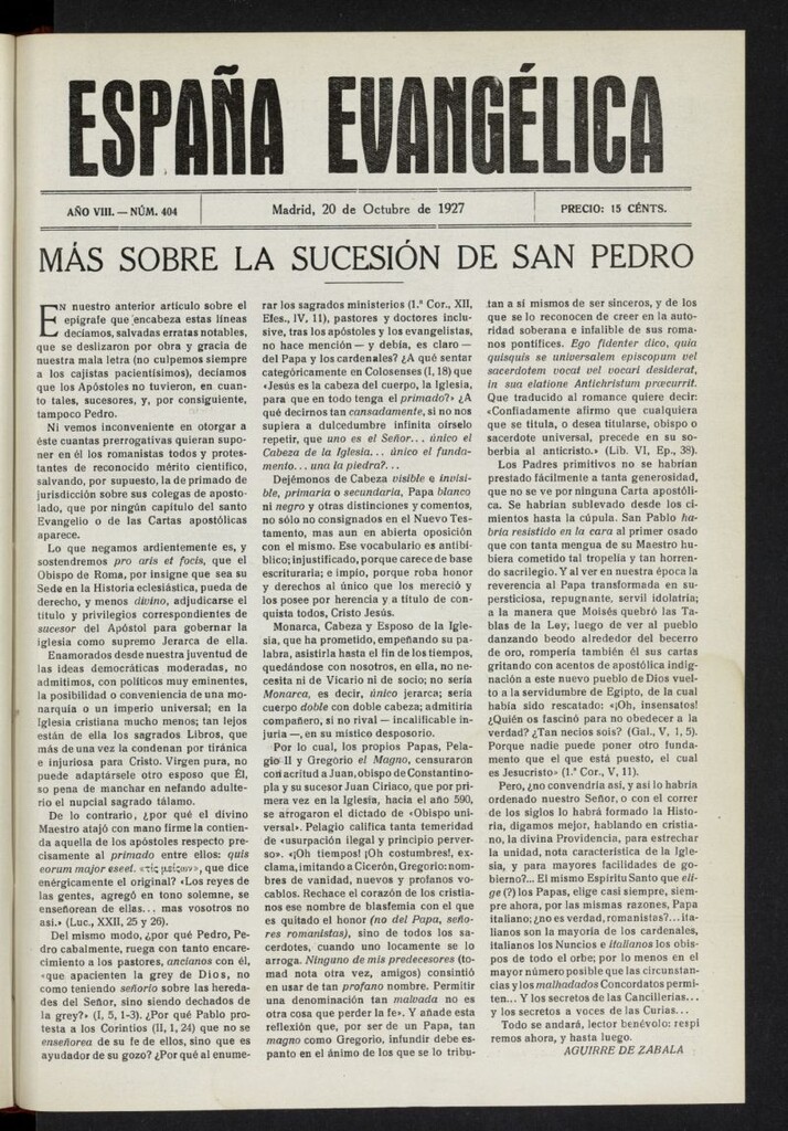 Miniatura de España Evangélica del 20 de octubre de 1927, nº 404