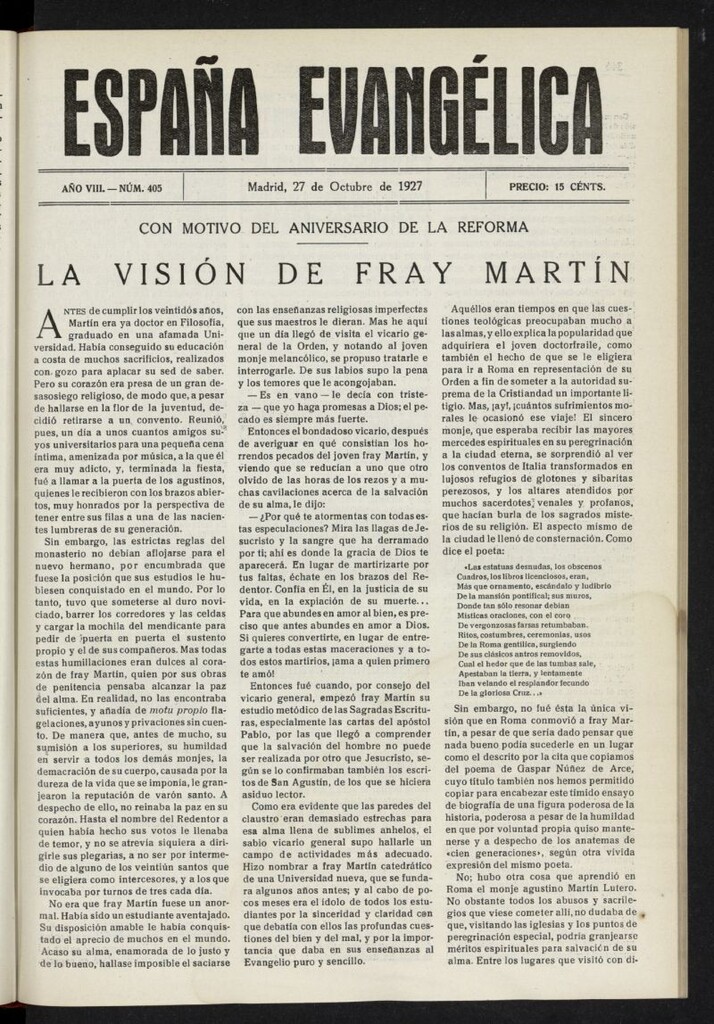 Miniatura de España Evangélica del 27 de octubre de 1927, nº 405