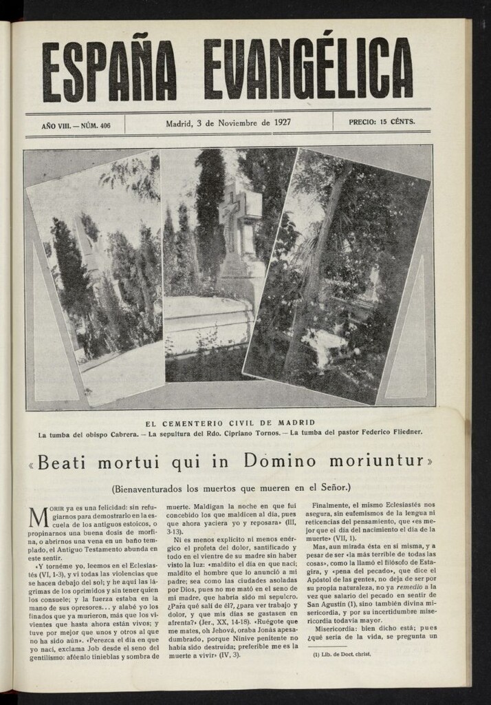 Miniatura de España Evangélica del 3 de noviembre de 1927, nº 406