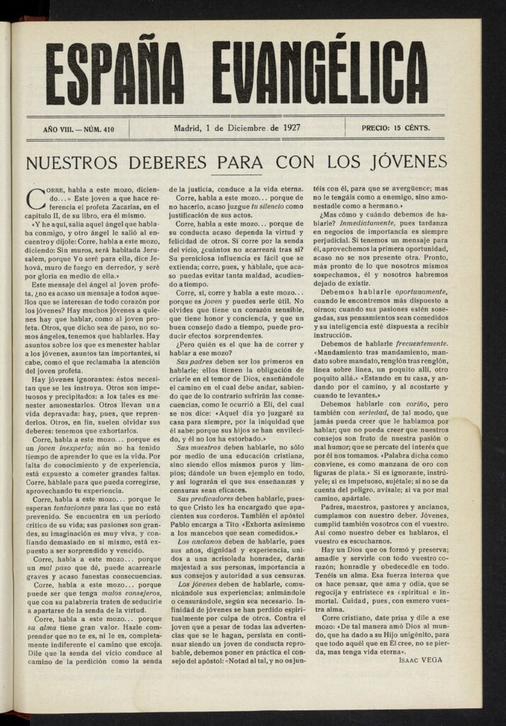 Miniatura de España Evangélica del 1 de diciembre de 1927, nº 410