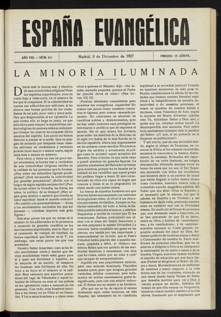 Miniatura de España Evangélica del 8 de diciembre de 1927, nº 411