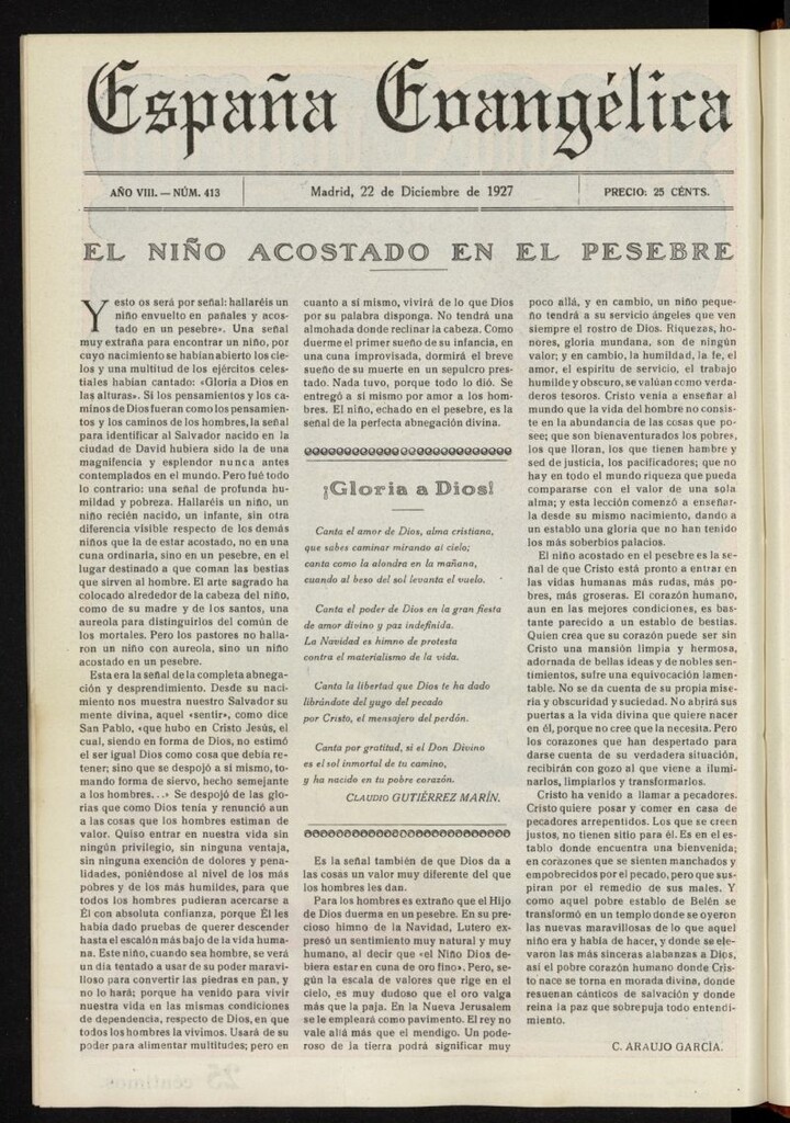 Miniatura de España Evangélica del 22 de diciembre de 1927, nº 413