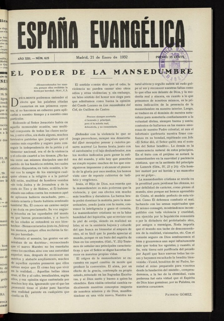 Miniatura de España Evangélica del 21 de enero de 1932, nº 625