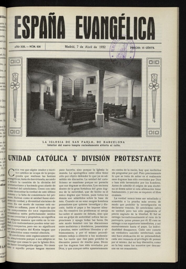 Miniatura de España Evangélica del 7 de abril de 1932, nº 636