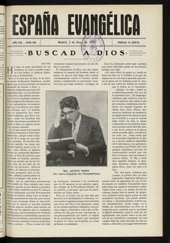 Miniatura de España Evangélica del 5 de mayo de 1932, nº 640