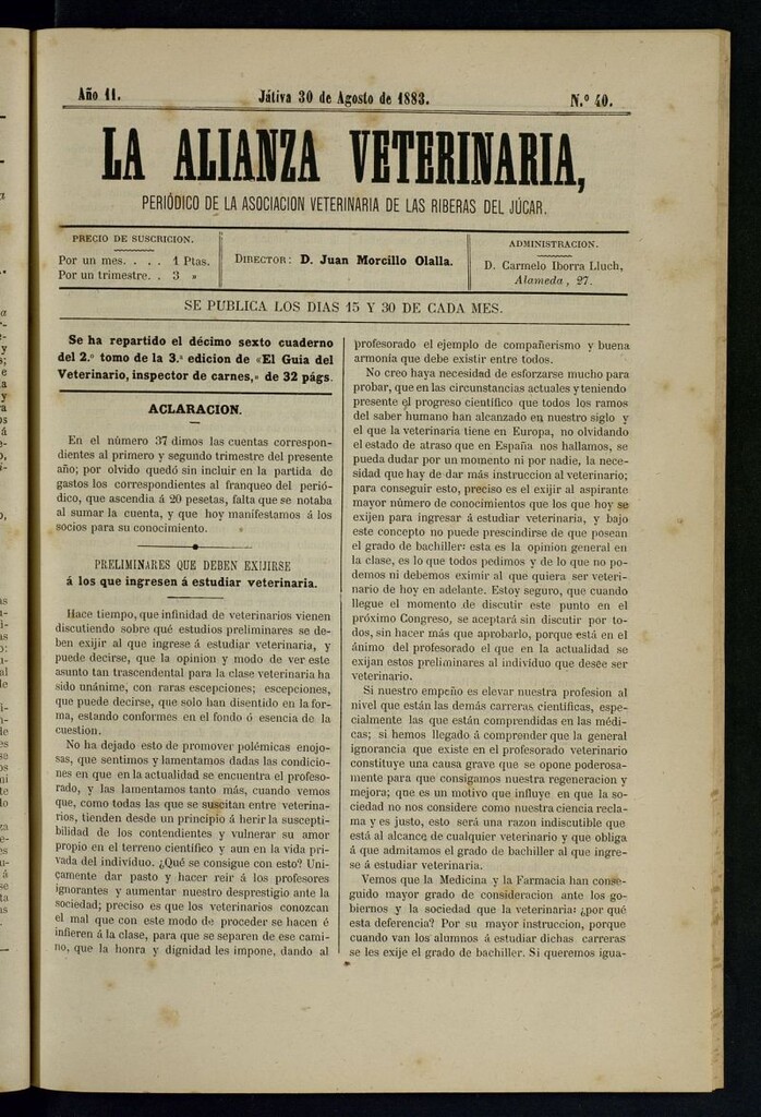 Miniatura de La alianza veterinaria, periódico de la Asociación veterinaria de las riberas del Júcar del 30 de agosto de 1883