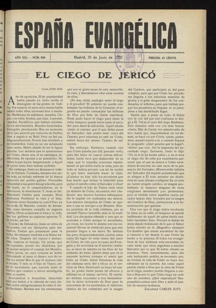 Miniatura de España Evangélica del 30 de junio de 1932, nº 648