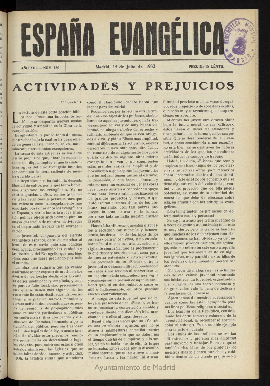 Miniatura de España Evangélica del 14 de julio de 1932, nº 650