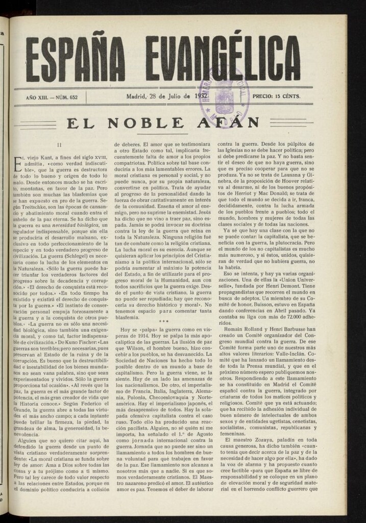 Miniatura de España Evangélica del 28 de julio de 1932, nº 652