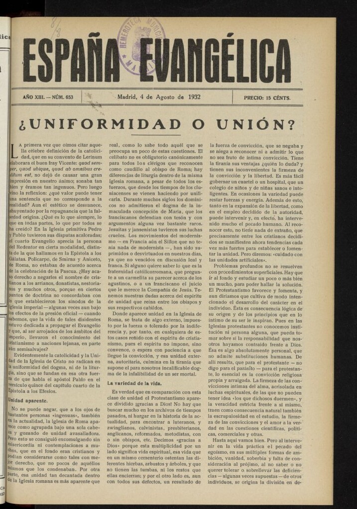 Miniatura de España Evangélica del 4 de agosto de 1932, nº 653