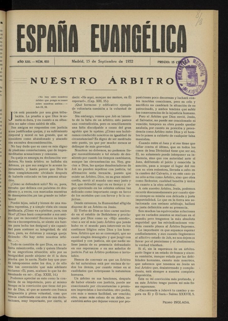 Miniatura de España Evangélica del 15 de septiembre de 1932, nº 655