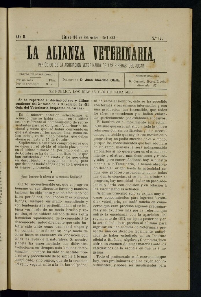 Miniatura de La alianza veterinaria, periódico de la Asociación veterinaria de las riberas del Júcar del 30 de septiembre de 1883