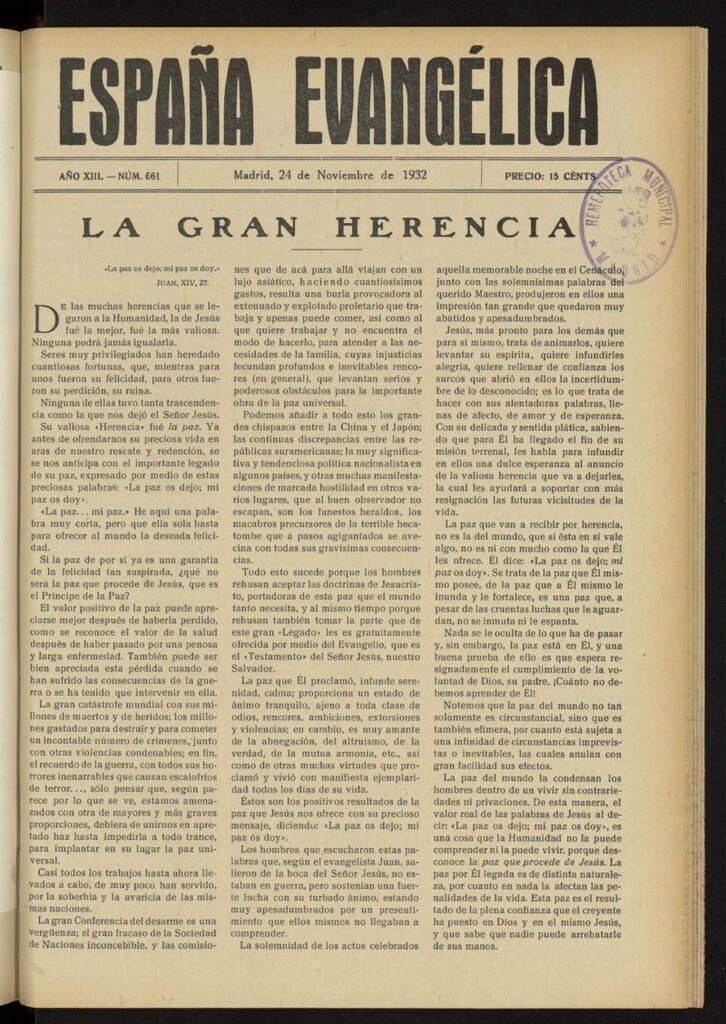 Miniatura de España Evangélica del 24 de noviembre de 1932, nº 661