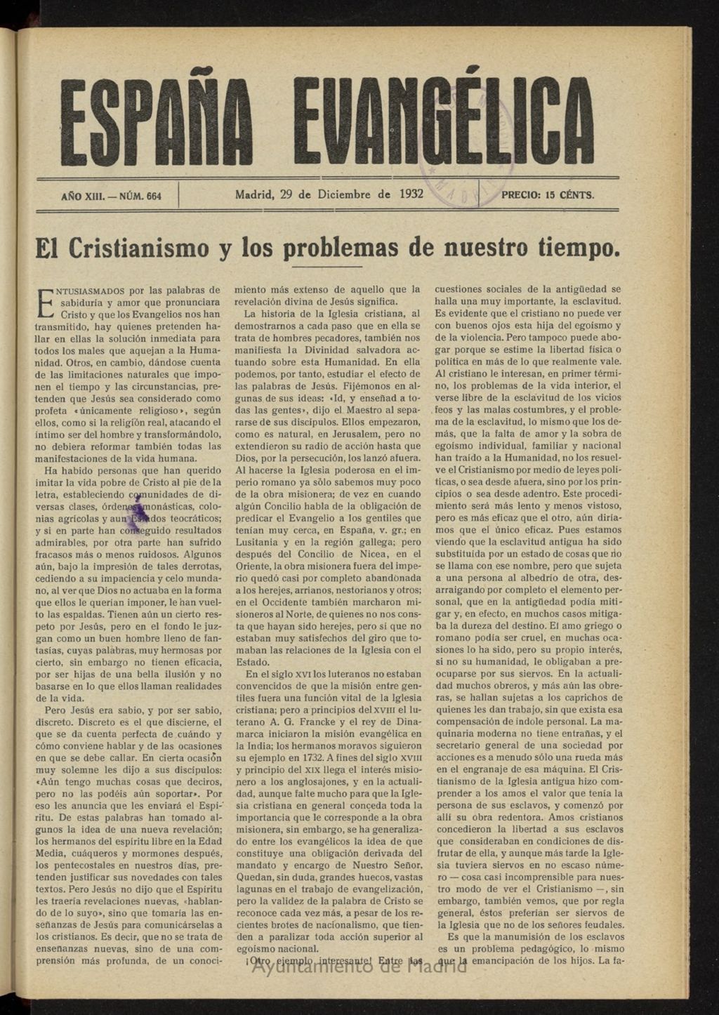 Miniatura de España Evangélica del 29 de diciembre de 1932, nº 664