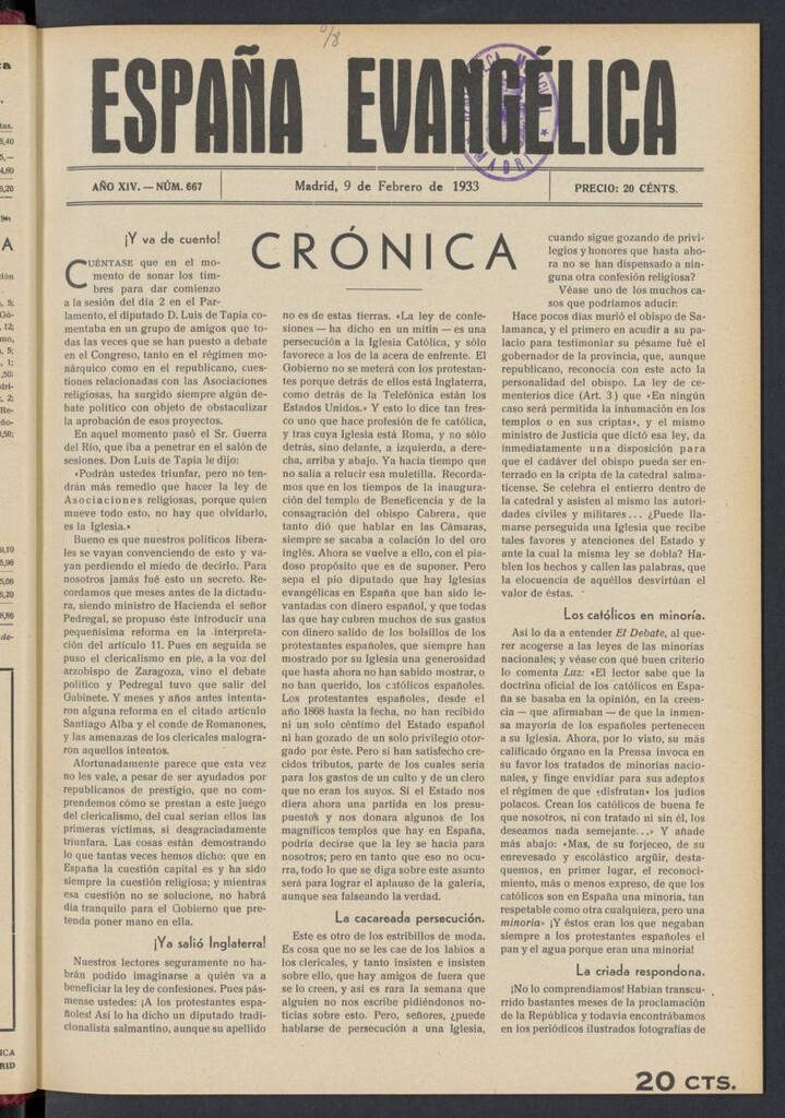 Miniatura de España Evangélica del 9 de febrero de 1933, nº 667